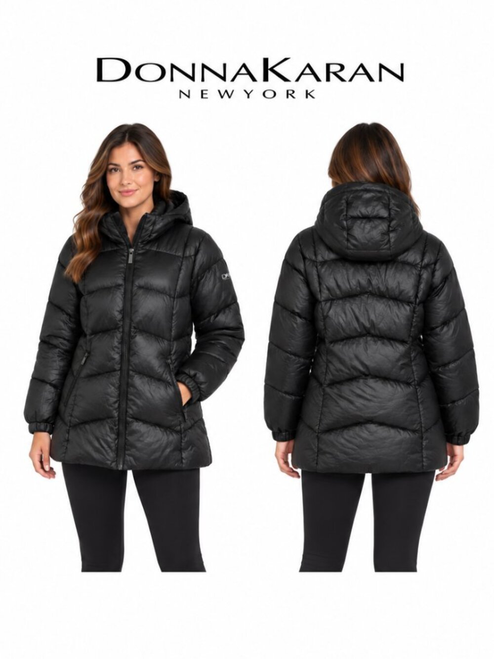 Donna Karan New York Womens Packable Down Puffer Jacket Hooded Black Small